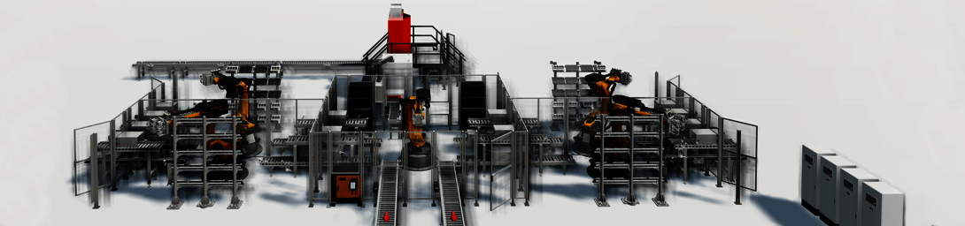 Screenshot eines digitalen Zwillings einer Anlage zur Motorblock-Bearbeitung inkl. Roboter, Fräszentren und Fördertechnik