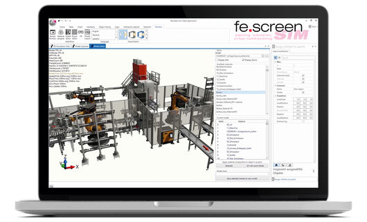 Screenshot: Verbesserte Optik und Realitätstreue: 3D-Anlagensimulation zur virtuellen Inbetriebnahme mit der neuen Version von fe.screen-sim aus dem Hause F.EE, dem Spezialisten für Automatisierungstechnik.