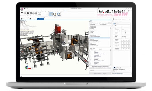 Screenshot: Improved appearance and reality: 3D plant simulation for virtual commissioning with the new version of fe.screen-sim from F.EE, the specialist for automation technology.