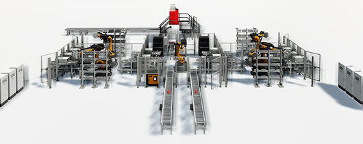 Screenshot: Simulation of an engine block production line including milling stations with robots and conveyor technology