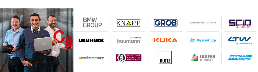 fe.screen-sim Referenzen-Logos und ein Teil des Teams zur Virtuellen Inbetriebnahme Softwareprogrammierung