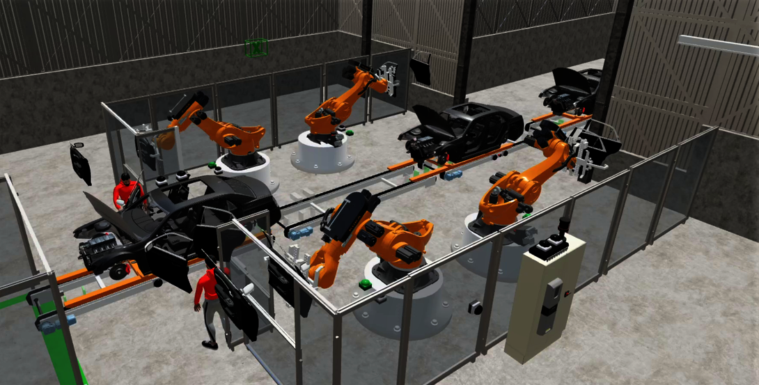 Screenshot: Simulation of an automotive robot plant in fe.screen-sim